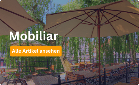 Bierzelgarnituren, Stehtische und vieles mehr günstig mieten im Saarland Icon einer Sitzgruppe mit Sonnenschirm auf dunkelblauem Hintergrund, darunter der Schriftzug Mobiliar