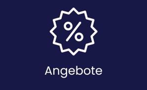 Angebote bei Rent-a-Party-Saar. Alles für Partys und Events zum mieten Icon eines Angebot-Symbol für satte Rabatte auf dunkelblauem Hintergrund, darunter der Schriftzug Angebote