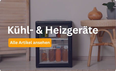 Kühlschränke von S-XXL günstig mieten im Saarland Icon eine Kühlschranks mit Frostsymbol auf dunkelblauem Hintergrund, darunter der Schriftzug Kühlen und Heizen