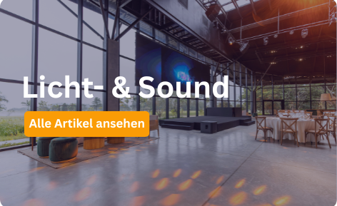 Licht- & Sound Zubehör für Partys mieten Icon eines Lautstärkesymbols auf dunkelblauem Hintergrund, darunter der Schriftzug Licht & Sound