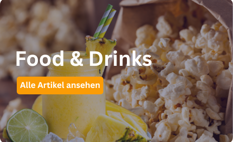 Popcornmschine, Cocktailmaker, Slusheis, Softeismaschine mieten im Saarland Icon einer Popcorntüte und Cocktailglas auf dunkelblauem Hintergrund, darunter der Schriftzug FunFood